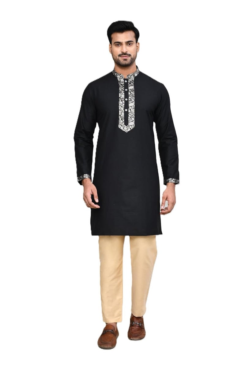 POLY2FAB Hathkargha Men’s Cotton Kurta & Pyajama Set with Embroidered Neck & Cuff - Traditional Ethnic Wear for Festivals & Weddings - Image 1